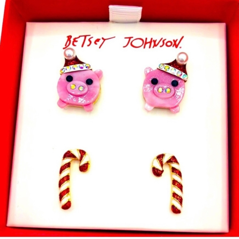 Betsey Johnson Pink Pig Earrings with Candy Cane Earrings/NWT 🐷🍬🍬🍬